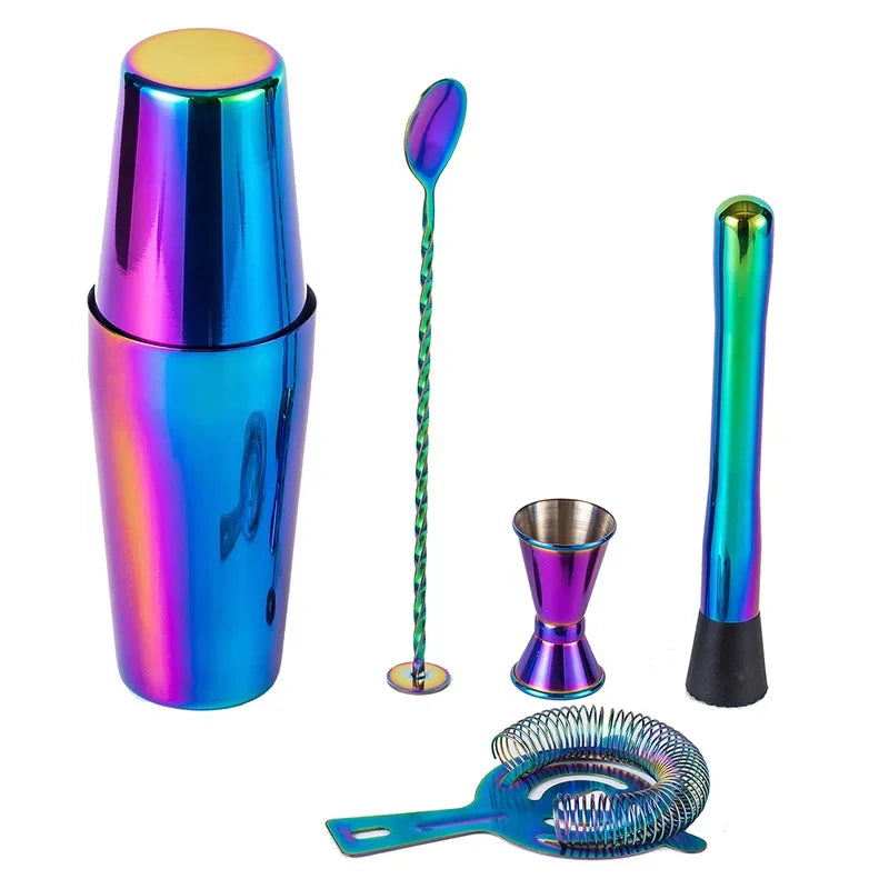 5-teiliges Regenbogen-Cocktail-Shaker-Bar-Set, Boston Shaker-Dosen aus Edelstahl, Barkeeper-Set, Getränkemixer, Party-Bar-Werkzeuge