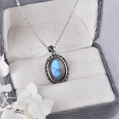 ITSMOS Halskette mit Anhänger aus natürlichem Labradorit, versilbert, schlichter Stein, Vintage-Mode, eleganter Schmuck für Frauen, romantisch