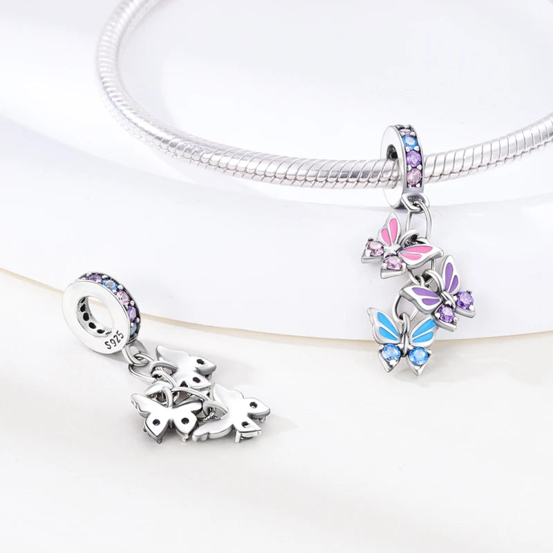 Original 925er Sterlingsilber, rosa Serie, Charms, Perlen, Schleife, Parfümflasche, herzförmiger Kreuz-Anhänger, passend für Armband, DIY-Schmuck