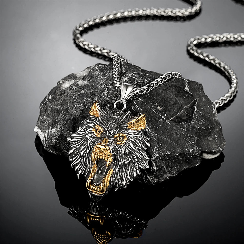 Punk Vikings Wolf Head Necklaces Stainless Steel Vintage Nordic Odin's Wolf Pendant Amulet Men Charm Genuine Leather Rope Jewelry