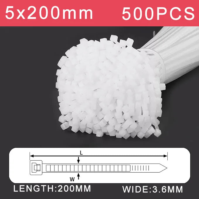 250/500/1000 Stück weiße selbstsichernde Kunststoff-Nylon-Kabelbinder 3 * 100 3 * 150 4 * 200 Befestigungsring Nylon-Klemmband mit Schloss