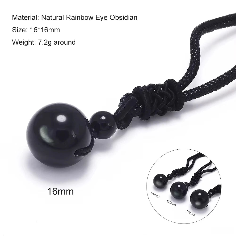 Halsketten und Anhänger aus Naturstein für Damen und Herren, schwarzer Obsidian, Regenbogenaugenperlen, Kugeltransfer, Lucky Love