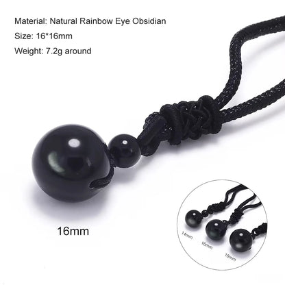 Halsketten und Anhänger aus Naturstein für Damen und Herren, schwarzer Obsidian, Regenbogenaugenperlen, Kugeltransfer, Lucky Love