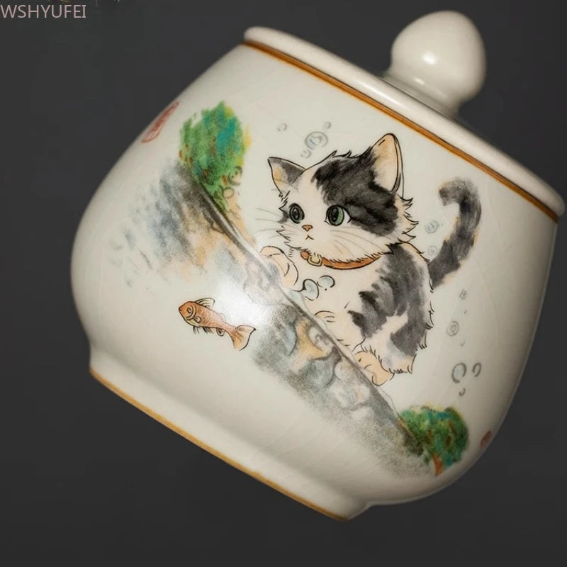 Funeral Ashes Glass Urn for Human Cremation Pet Ashes Holder Ceramic Keepsake Pal Ashes Urns Casket Seal Cute Cat Pattern