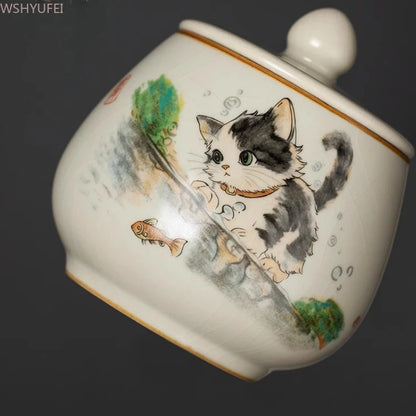 Funeral Ashes Glass Urn for Human Cremation Pet Ashes Holder Ceramic Keepsake Pal Ashes Urns Casket Seal Cute Cat Pattern