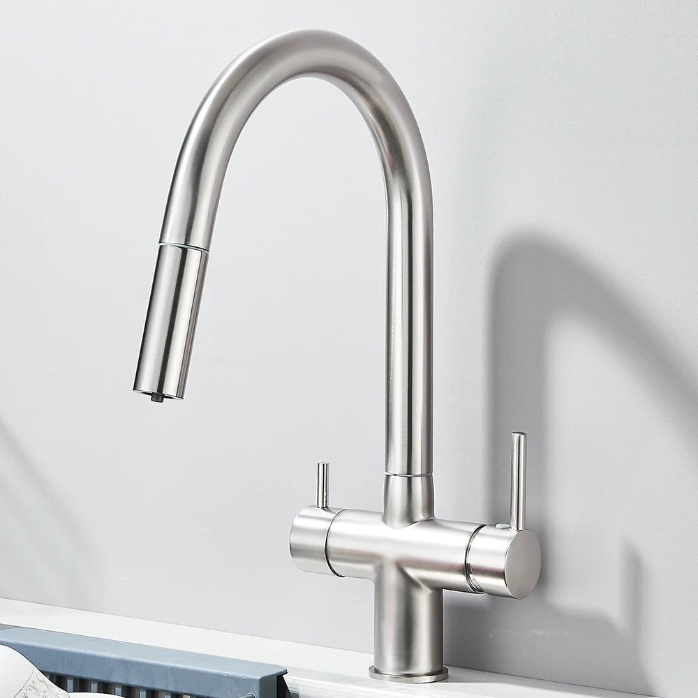 Gefilterter Küchenspüle-Wasserhahn mit einziehbarem Sprühgerät, Messing-Wasserfilterhahn, Trinkwasserhahn, Waschbeckenmischer für die Küche