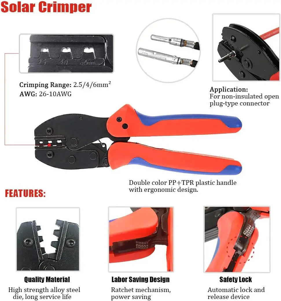 Solarpanel-PV-Kabel-Crimpwerkzeug-Set für AWG14-10 2,5/4/6 mm2 mit Abisolierer, Schneider, Solarschlüssel und Solaranschlüssen