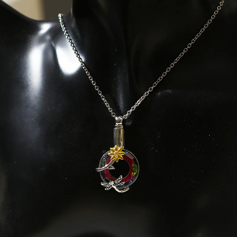 Urnen-Anhänger-Halskette, Libellen-Sonnenblumen-Gedenkschmuck für Asche, Andenken für Liebste und Haustiere
