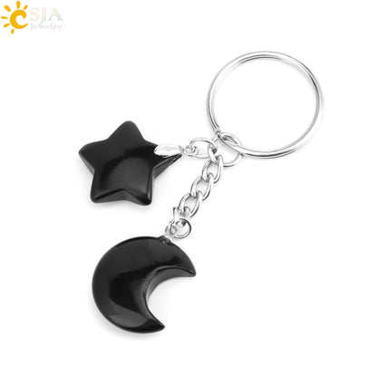 CSJA Healing Naturstein Schlüsselbund Trendy Mond Sterne Charm Bead Anhänger Silber Farbe Halter Schlüssel Ring Auto Schlüssel Ring Tasche Dekor H368