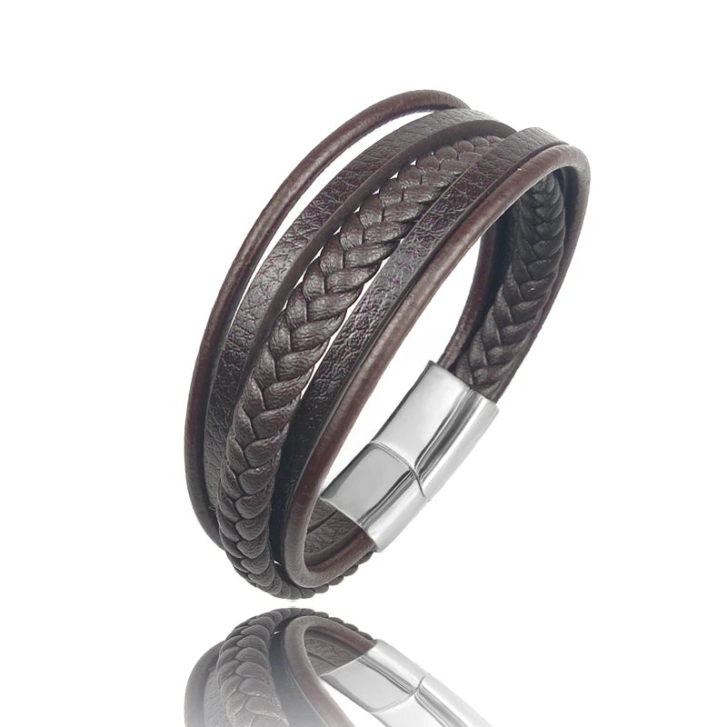 MingAo New Titanium Steel Blue Punk Braided Leather Bracelet For Men Black Magnet Clasp Bangle The Best Gift for Vintage Jewelry