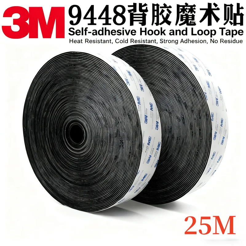 3M 9448A Schwarzes doppelseitiges Klebeband, 25 m, 16–100 mm, starkes, spurloses Seitenbefestigungsband mit Klettverschluss, hochtemperaturbeständig