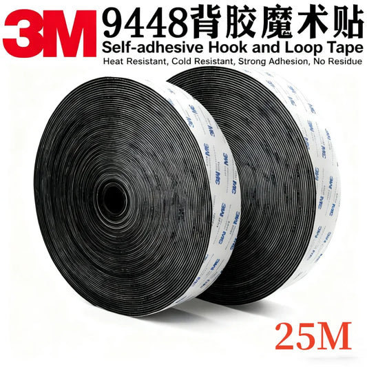 3M 9448A Schwarzes doppelseitiges Klebeband, 25 m, 16–100 mm, starkes, spurloses Seitenbefestigungsband mit Klettverschluss, hochtemperaturbeständig