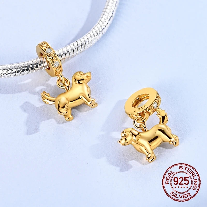 Heißer Verkauf Dackel Charms 925 Sterling Silber Golden Retriever Welpe Baumeln Anhänger Fit Armreif Armband Halskette DIY Schmuck