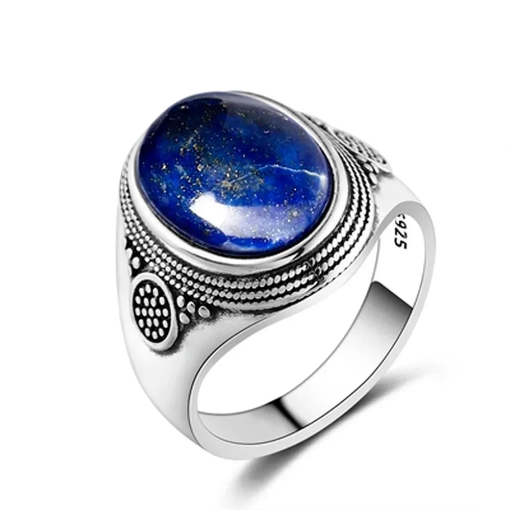 Silber S925 Ring Natürliche Große Oval Lapis Ringe für Männer Frauen Retro Luxus Edlen Schmuck Party Jahrestag Geschenk