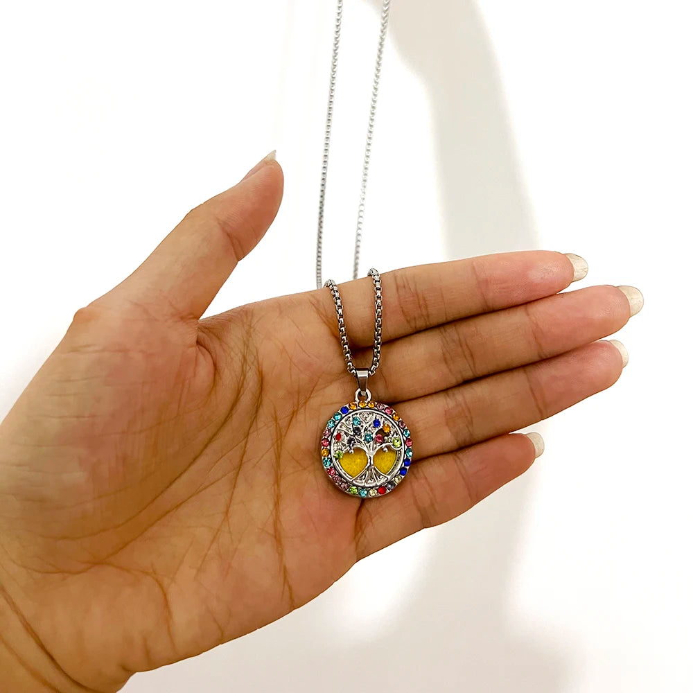 Trend ige Aroma therapie ätherische Öl Medaillon bunte Kristall Baum des Lebens Anhänger Edelstahl Parfüm Diffusor Halskette Schmuck