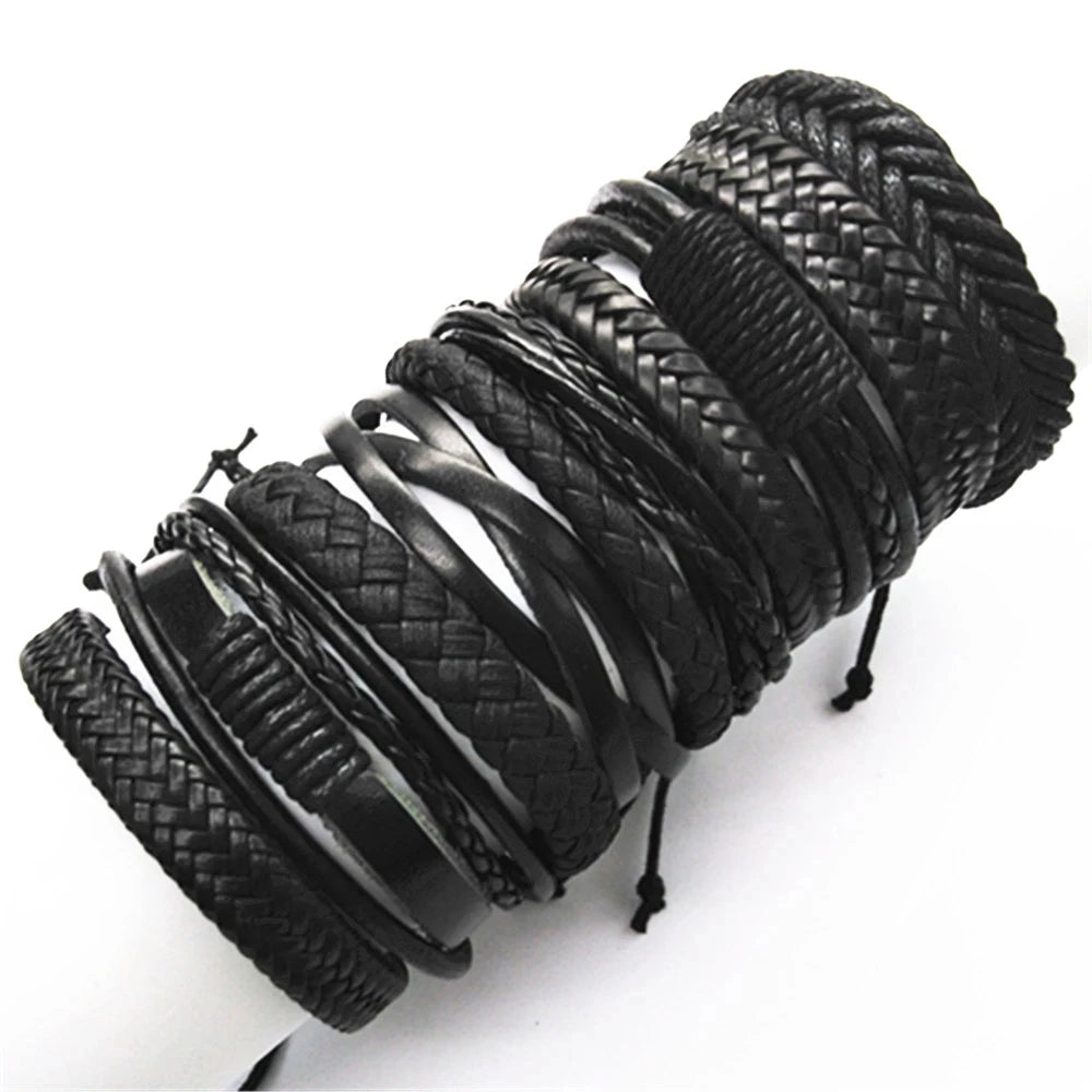 10 Pcs/Set Black Wrap Woven New Fashion Handmade Men Bracelets Male Women Leather Bracelets Men Bangle Wholesale Jewelry Gift