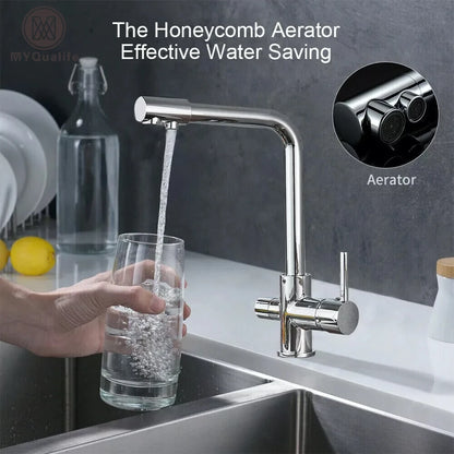 Chrom Messing Reines Wasser Küche Wasserhahn Dual Griff Heißes und Kaltes Trinkwasser 3-weg Filter Küche Gereinigte Mischbatterien