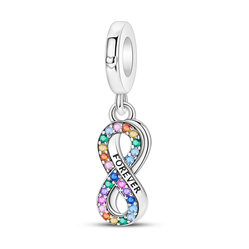 Romantische Schleifenperlen aus 925er-Sterlingsilber und herzförmiger, unendlicher baumelnder Charm, passend für Armbänder, schöne Schmuck-Accessoires, Geschenke