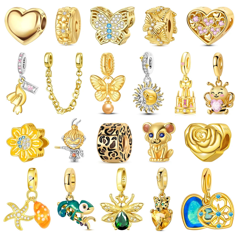Heißer Verkauf 925er Sterlingsilber Löwenperlen & Chamäleon Baumeln Charm Fit Schlangenarmband Boutique Halskette Goldener Anhänger Geschenk