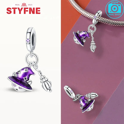 Silber 925 lila fliegender Hexenhut und Zauberbuch-Charms, Perlen, passend für Original-Armbänder, DIY-Halloween-Charm für Frauen, Schmuck, Geschenke