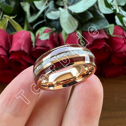 Dropshipping 8MM Männer Frauen Schöne Hochzeit Band Wolfram Rot Opal Ring mit Helle Meteorit Inlay Gewölbt Poliert Komfort Fit