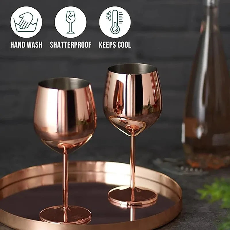 500 ml Weinglas-Becher aus Edelstahl, 304 Roségold, Silber, Goldfarbe, langlebiger Metallbecher für Rotwein, Champagner, Bar, Party