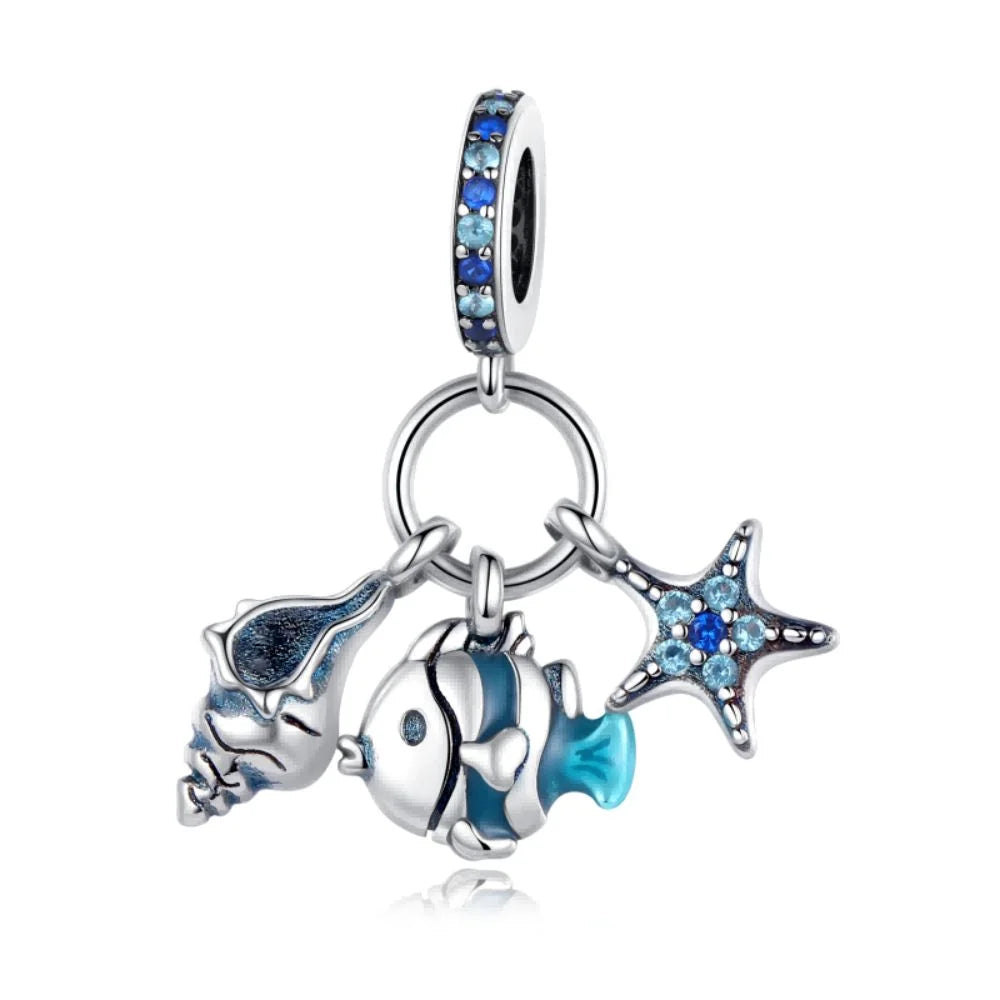 Ocean Series 925er Sterlingsilber, Wal, Schildkröte, kleiner Fisch, Qualle, Delfin, blauer Charm, passend für DIY-Armband, Halskette, Party-Schmuck