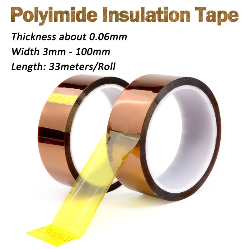 1/5 Rolle Polyimid-Isolierklebeband, 33 m/Rolle, 3 mm-100 mm, Wärmeband, Schutz für Elektronikplatinen, Hochtemperatur-Goldfolie