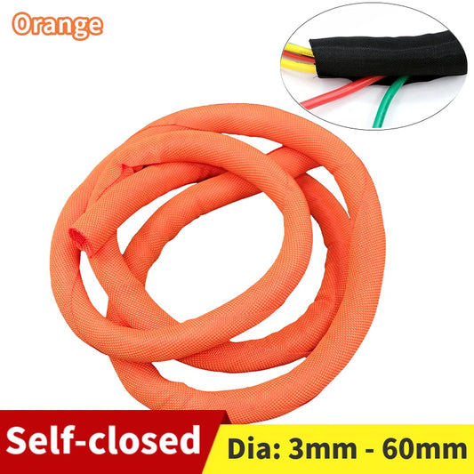 Selbstschließende, erweiterbare, geflochtene PET-Hülle, selbstgeschlossener Linien-Organizer, isolierte Wrap, orangefarbener, selbstschließender Kabelschutz