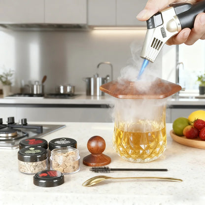 Räucher-Set mit Glasplatte, Cocktail-Räucher-Set mit 4 Holzspäne, Barkeeper-Zubehör für Whisky-Getränke, Raucher-Geschenkset für Männer