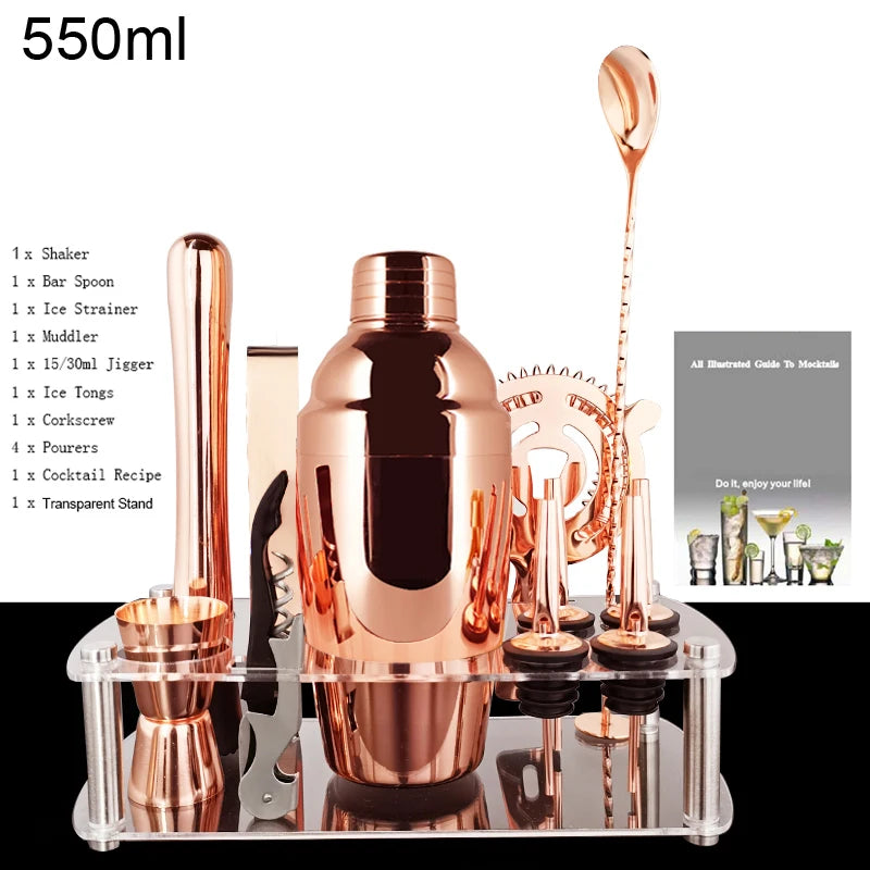 12 Stück Schwarz/Roségold/Silber 800/750/600 ml Boston Shaker Barkeeper Kit Cocktail Shaker Set Bar Werkzeuge Ständer Cocktail Rezept