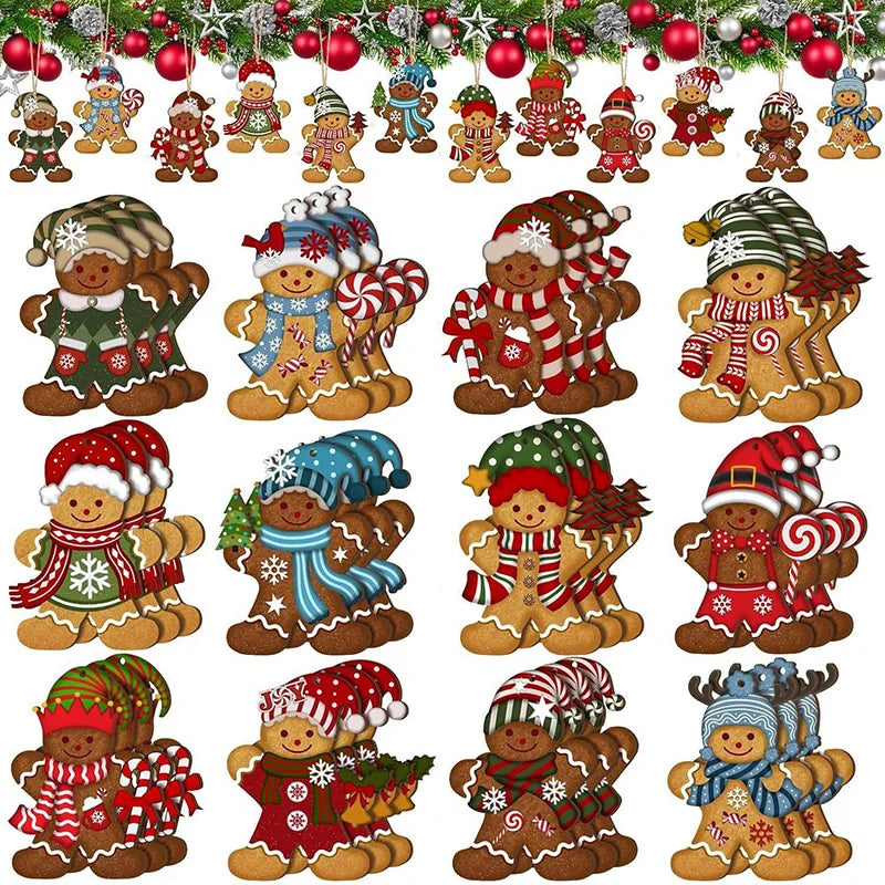 12/24 Stück Lebkuchenmann Holzornamente Weihnachtsbaum hängende Anhänger 2025, Weihnachtsfeier, Heimdekoration, Kinder, DIY-Geschenkanhänger