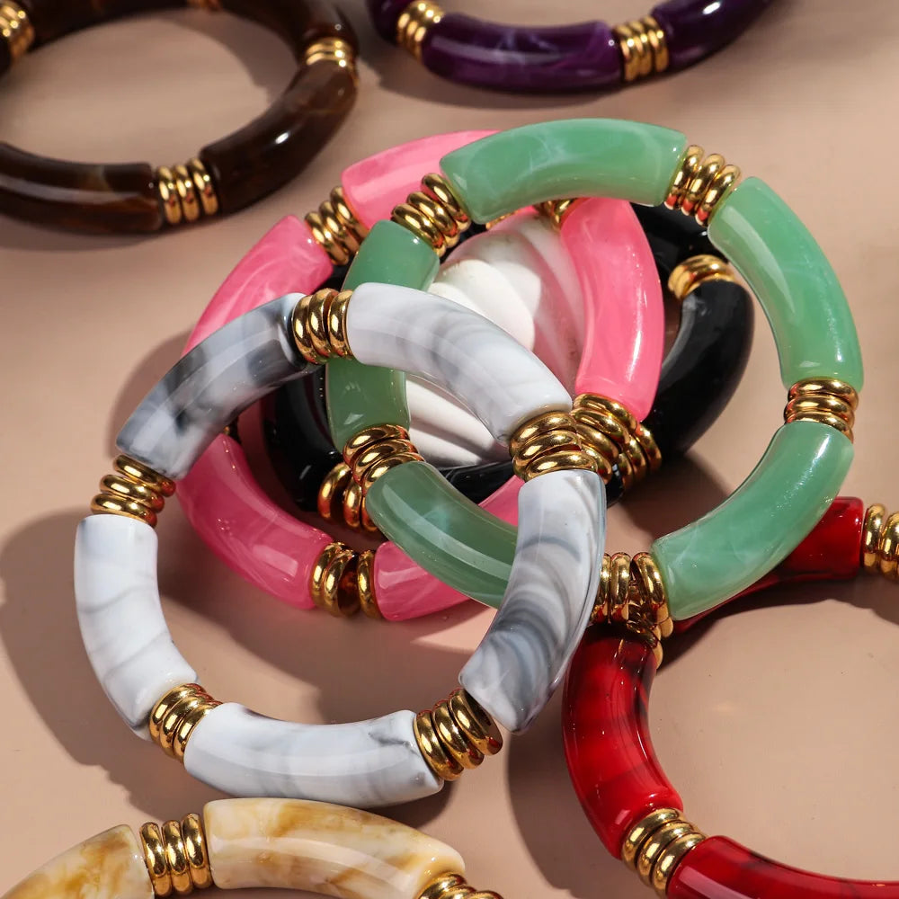 Vintage Chunky Bamboo Elbow Acrylic Bracelets for Women Men Rock Punk Stretch Large Curved Tube Stacking Bangle Couple Jewelry Gifts