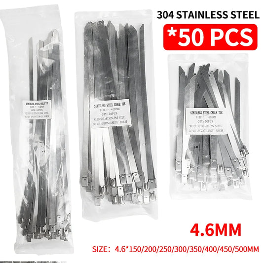 50 Stück 304 Edelstahl-Kabelbinder, selbstsichernde, rostfreie Metall-Kabelbinder für elektrischen Kabelbaum, robust