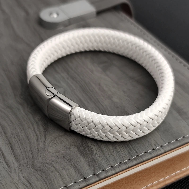 Mode Einfache Weiße Leder Geflecht Armband Edelstahl Schnalle Verschlüsse für Männer Handgemachte Armreif Großhandel Charme Schmuck Geschenk