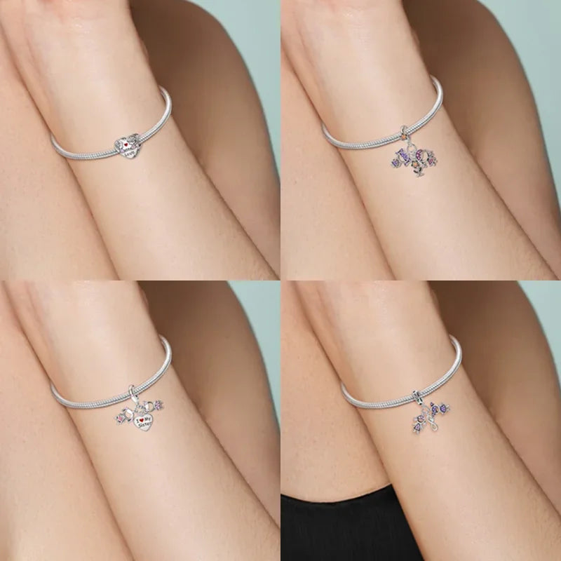 Sterling Silber S925 Schwestern auf der Schaukel Charms Herz Bead Fit Original Armband Armreif DIY Feines Geschenk Schmuck für Frauen