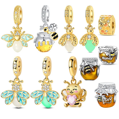 Leuchtender baumelnder Charm mit Frühlingsthema, 925er Sterlingsilber, Biene-Honeypot-Anhänger für Armband, Halskette, DIY-Charms, Schmuck