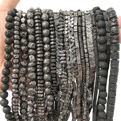Schwarze vulkanische Lavagesteinperlen, Mineralperlen, Charms, Rohrwürfel, runde geometrische Formperlen für Schmuckherstellung, DIY-Armband