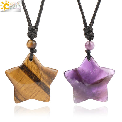 Heilende Stern Kristall Halskette Naturstein Anhänger Tigerauge Amethyst Rosenquarz Schwarz Obsidian Halsketten für Männer Frauen H301