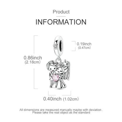 Valentinstag-Charm aus 925er Silber, Bräutigam und Braut, baumelnder Charm, passend für Armbänder, Perlen zum Selbermachen, für Damenschmuck