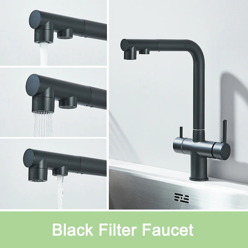 Rozin Wasserreiniger, Küchenarmatur, Schwarz, herausziehbarer flexibler Filter, Küchenarmaturen, Kran, Messing, 2-in-1-Mischbatterie für heißes und kaltes Wasser