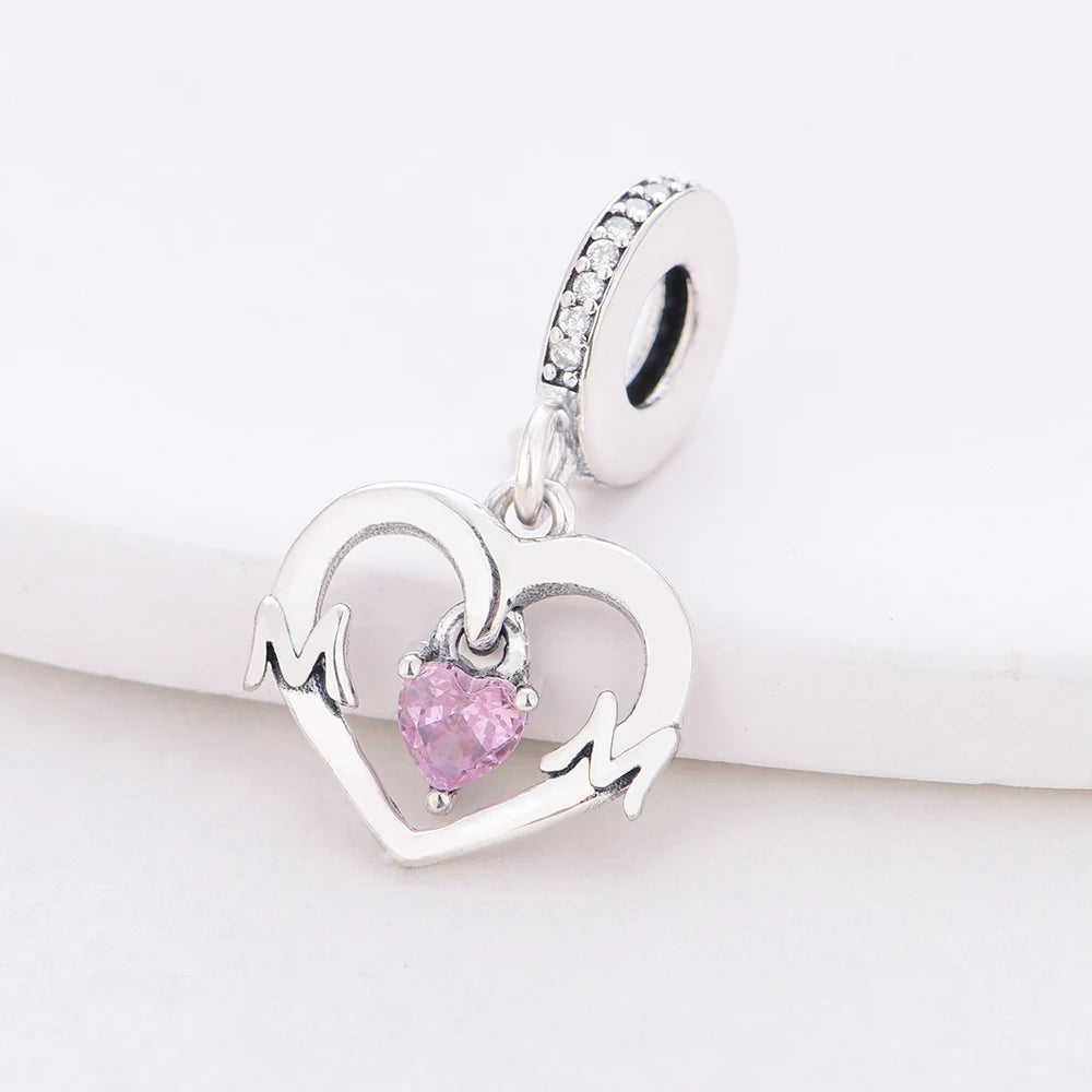 Charm-Anhänger aus 925er-Sterlingsilber mit Oktopusperlen und Stammbaum und Herz, passend für Schlangenarmband, Boutique-Halskette, rosa Anhänger, Geschenk