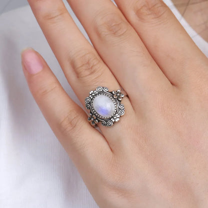 925 Silber Blume 8 * 10 mm Mondstein Ring Vintage Stil Damen Party Schmuck Geschenk für Frauen