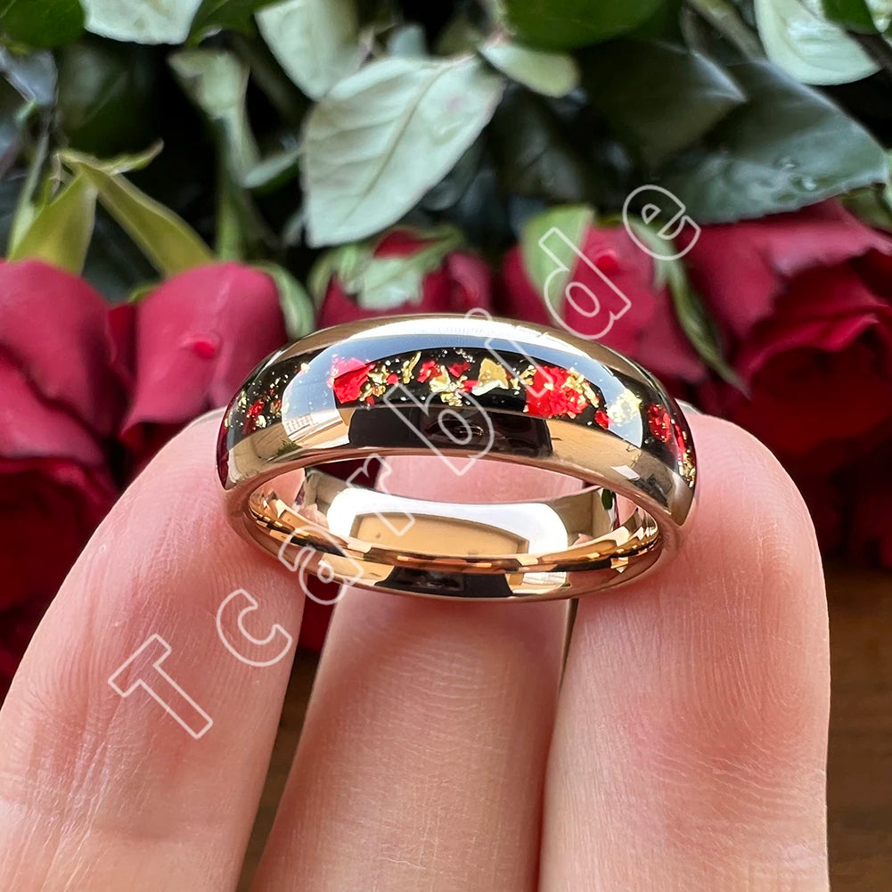 Dropshipping 6mm 8mm 18k Gold Farbe Kuppel Ehering Schöner Wolframkarbid Ring mit roter und Goldfolieninlage Comfort Fit