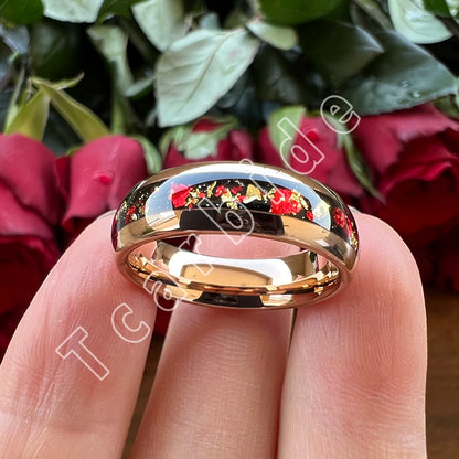 Dropshipping 6mm 8mm 18k Gold Farbe Kuppel Ehering Schöner Wolframkarbid Ring mit roter und Goldfolieninlage Comfort Fit