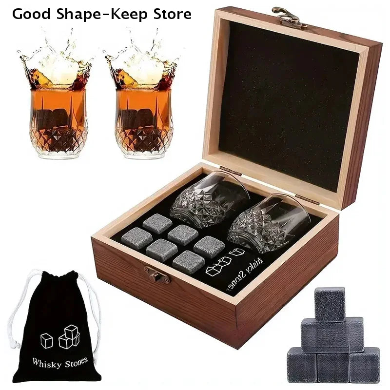 Set mit 8 Granit-Eiswürfeln + 2 Gläsern für Whisky in Holzbox, Geschenk für Papa, Vatertagsgeschenk für Männer, Whisky-Steine