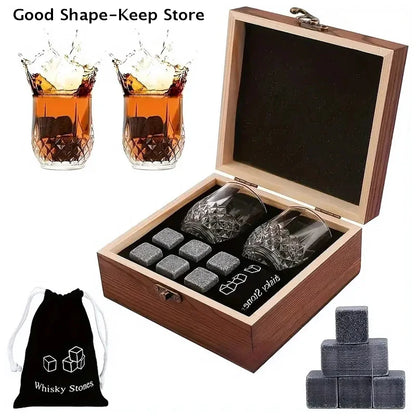 Set mit 8 Granit-Eiswürfeln + 2 Gläsern für Whisky in Holzbox, Geschenk für Papa, Vatertagsgeschenk für Männer, Whisky-Steine