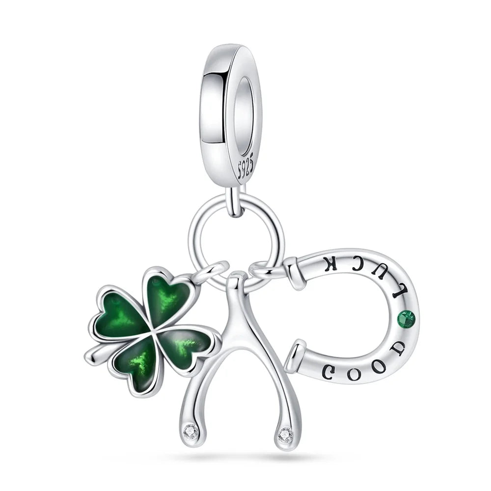 Glücksbringer aus 925er-Sterlingsilber mit vierblättrigem Kleeblatt, Hufeisenkrabbe, Marienkäfer-Zahlen-Charm, passend für DIY-Armbänder, Halsketten, Gesundheit, Glücksgeschenke