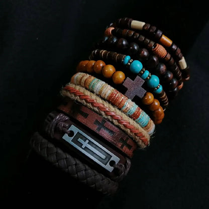 Khaki Tree 10Pcs/Set Black Wrap Woven Fashion Handmade Men Bracelets Male Women Leather Bracelets Men Bangle Wholesale Jewelry