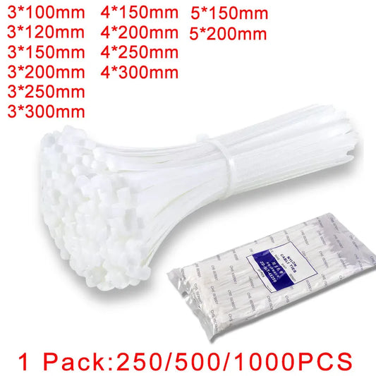 250/500/1000 Stück weiße selbstsichernde Kunststoff-Nylon-Kabelbinder 3 * 100 3 * 150 4 * 200 Befestigungsring Nylon-Klemmband mit Schloss